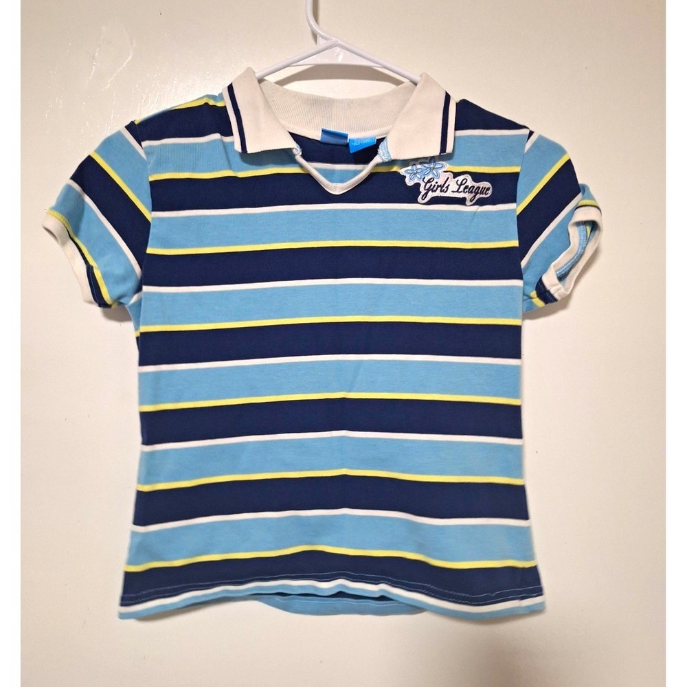 Girls League Striped Polo Shirt Girls L 13-14 Blue Navy Yellow 100% Cotton Y2K
